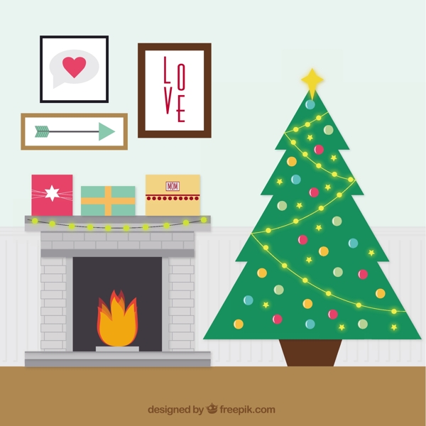 壁炉与圣诞树插图