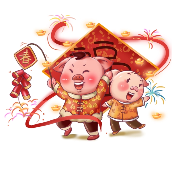 卡通手绘新年小福猪放鞭炮