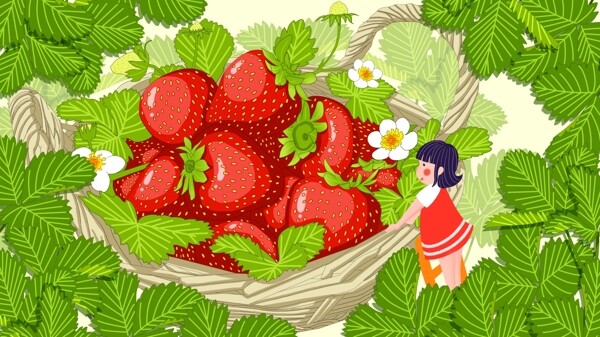 简约清新可爱夏季水果篮筐草莓小女孩插画