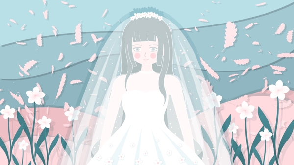 婚礼季插画清新白色婚纱女孩