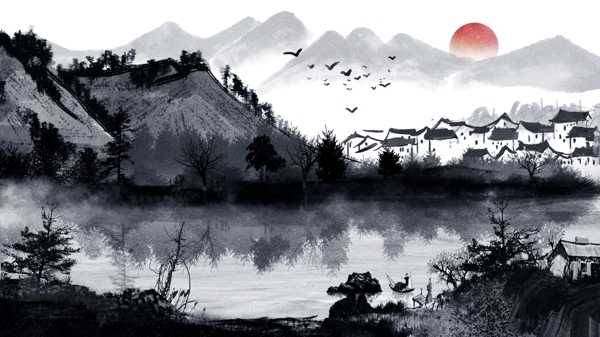 原创唯美中国古风水墨画水彩画风景山水插画