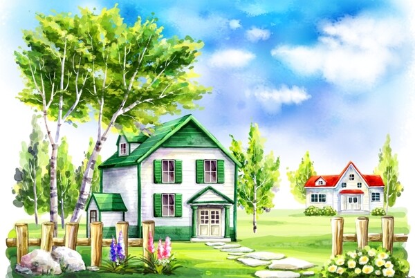 树林里的房子插画图片