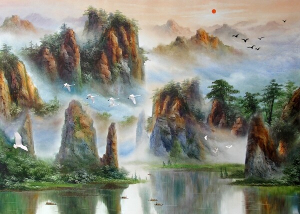 油画风景漂亮的山水油画图片
