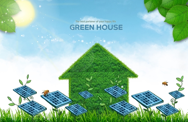 太阳能电池板和绿色房屋