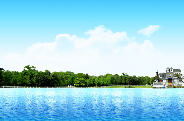 蓝天树林水图片