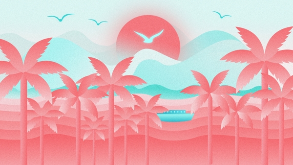 渐变色热带椰树夕阳插画背景素材