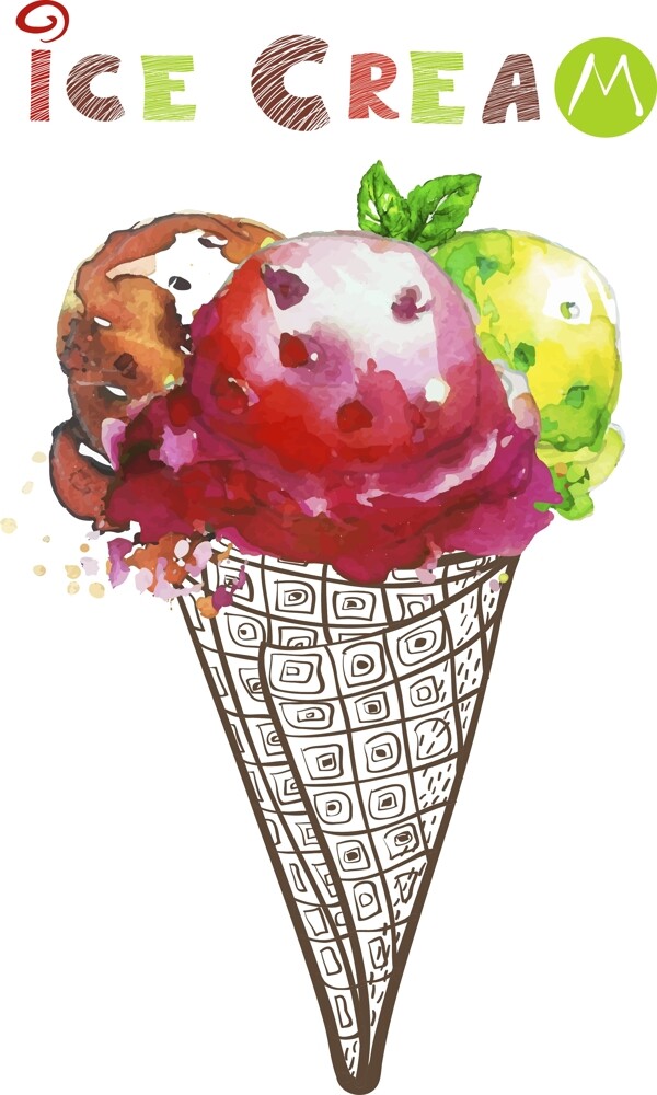 水彩绘美味的冰淇淋插画