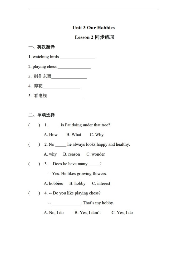 六年级上英语Unit3OurhobbiesLesson2同步练习