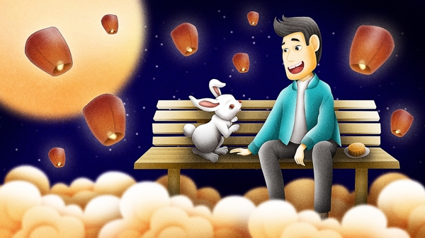 卡通中秋节玉兔一个人过中秋星空原创插画