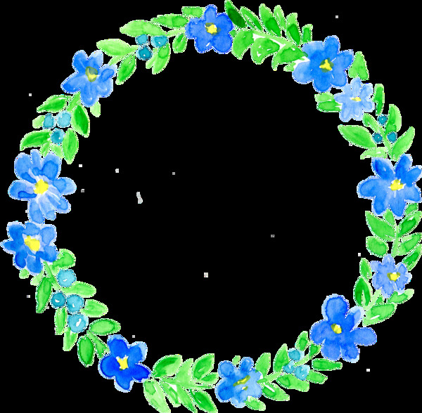 鲜艳蓝绿色树叶手绘花环装饰元素