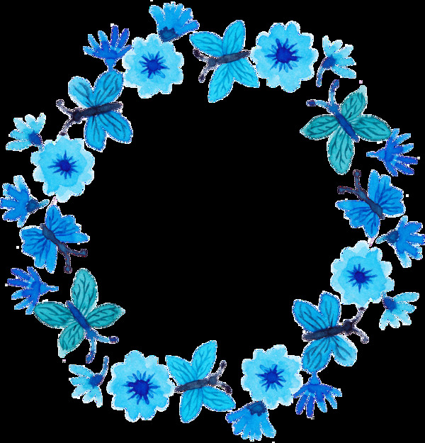 明亮雅致蓝色花朵手绘花环装饰元素