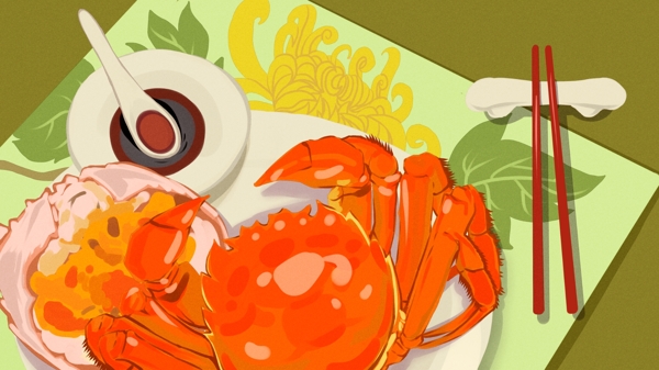 美食又到了吃大闸蟹的季节了原创插画