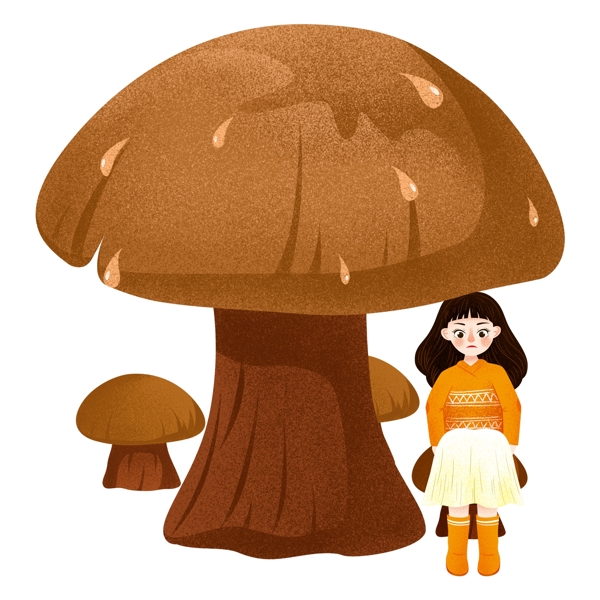 唯美手绘蘑菇下的女孩png元素