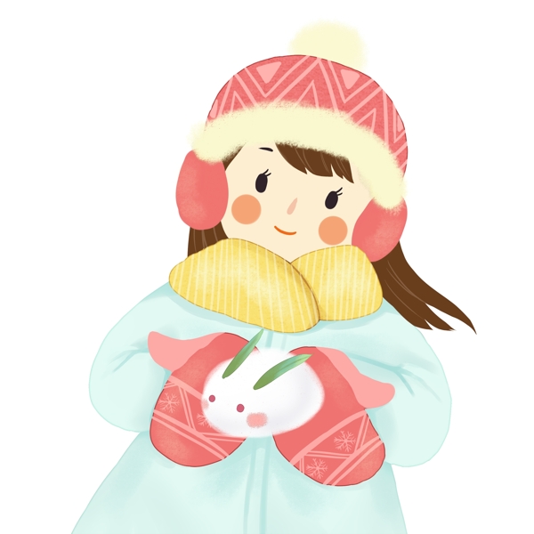 手绘卡通冬季女孩带着帽子手套原创元素