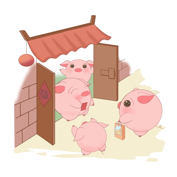 猪年卡通手绘小猪拜年