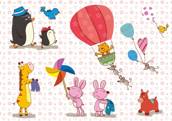 可爱卡通素材企鹅鸟猫老鼠长颈鹿兔子马气球