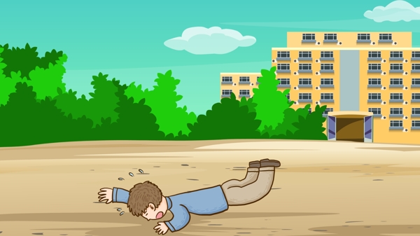 教学楼外摔倒的小男孩卡通背景