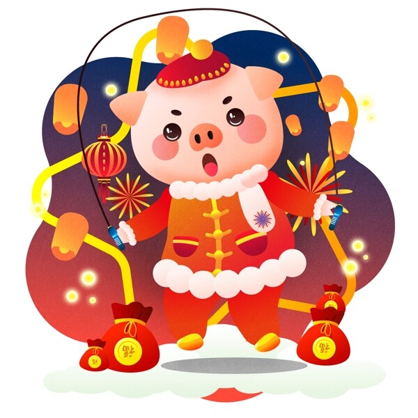 2019新年快乐猪猪跳绳形象原创矢量元素