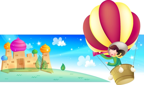 卡通矢量热气球城堡素材