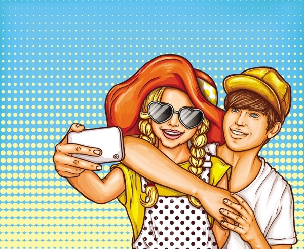 一个年轻的女孩和男孩在一个智能手机自拍矢量波普艺术插画