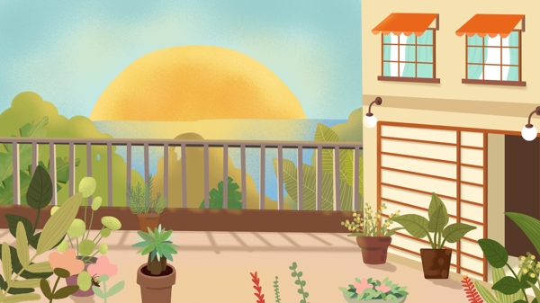 彩绘房子阳台露台日出背景设计