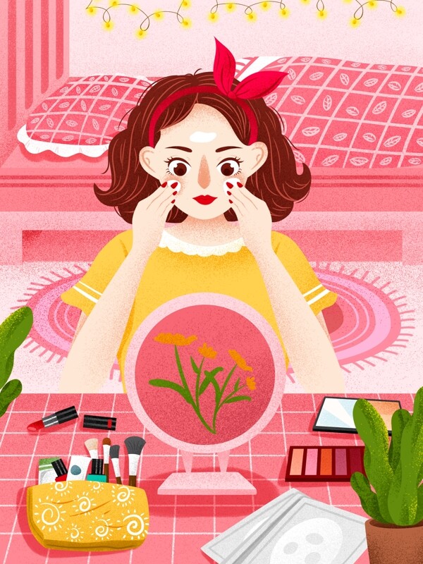 粉色女孩居家护肤美容化妆生活插画