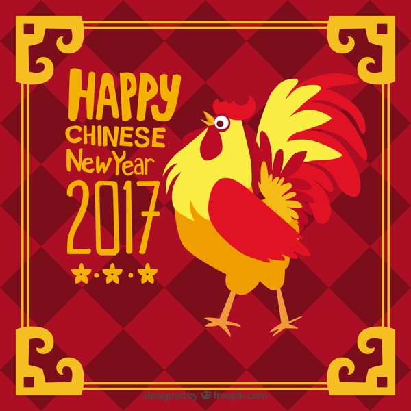 有金框和公鸡的手绘中国新年背景