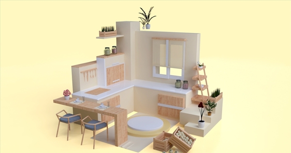 C4D暖色系厨房场景几何模型