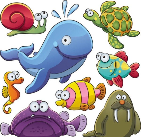 卡通可爱鲸鱼海狮海豹蜗牛鱼类