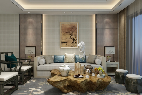 新中式客厅沙发空白背景装效果图