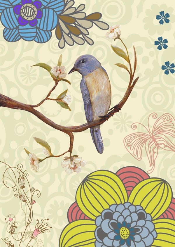 树枝上的小鸟水墨画图片