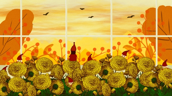 秋天来了秋分温室里的菊花精灵原创手绘插画