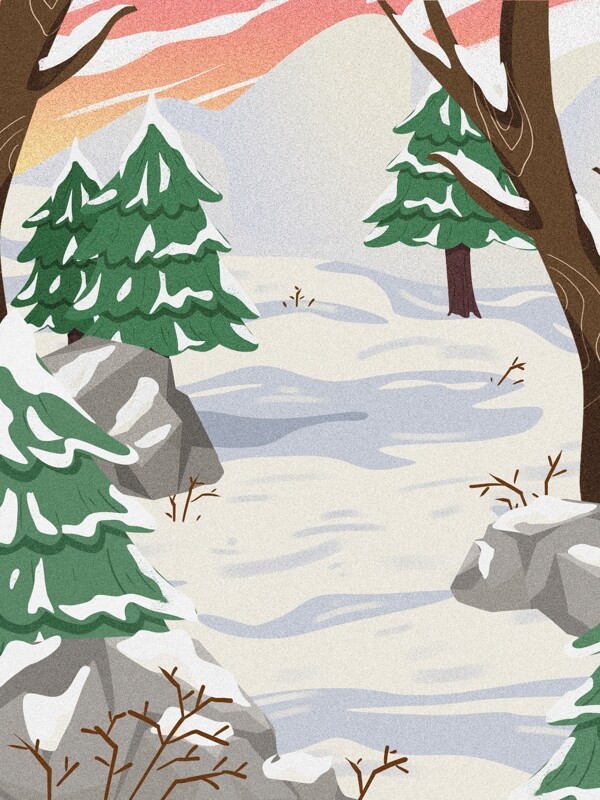 彩绘冬季雪地树林背景展板