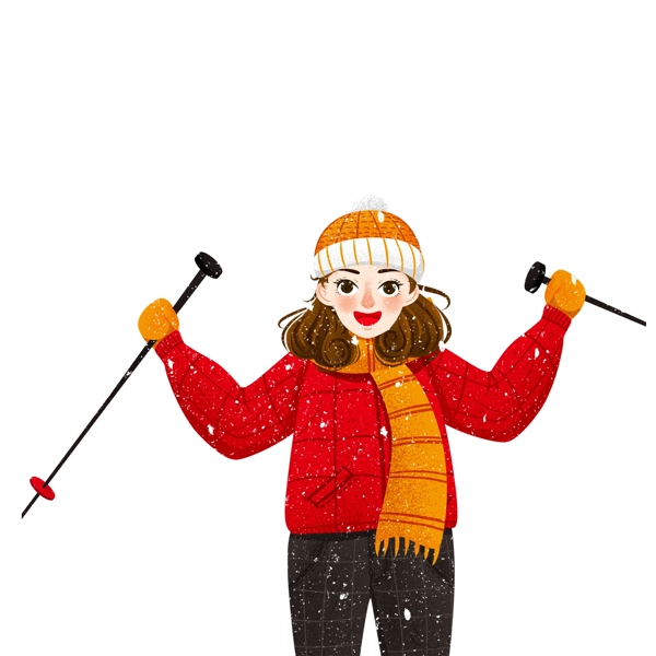 大雪中开心滑雪的女孩人物插画元素