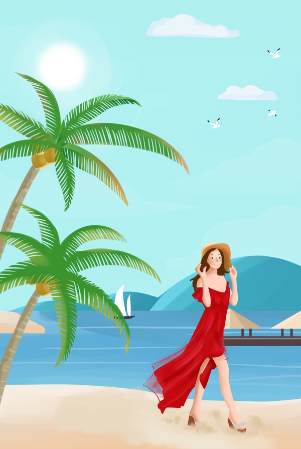 美女度假沙滩背景海报