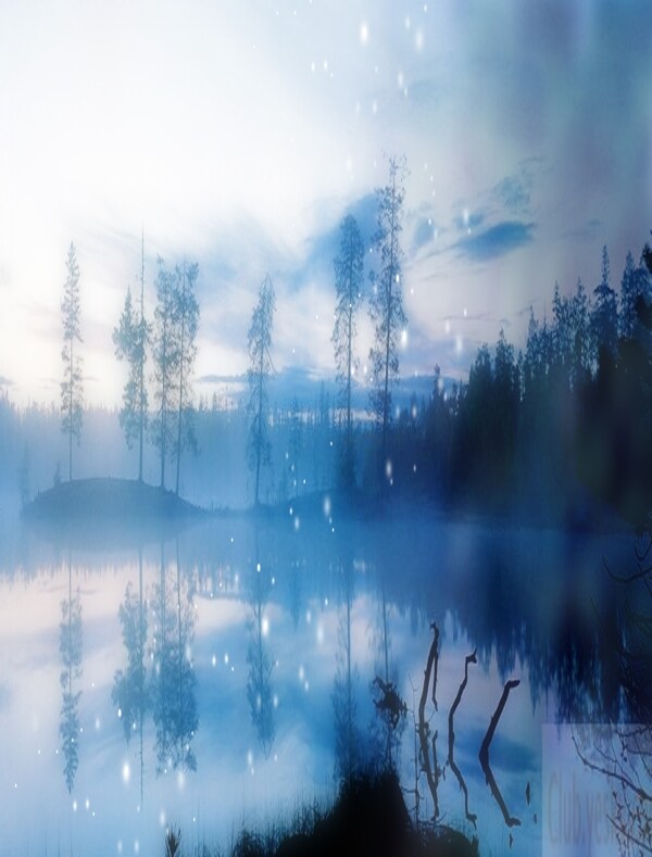 蓝色静谧湖边树林装饰画