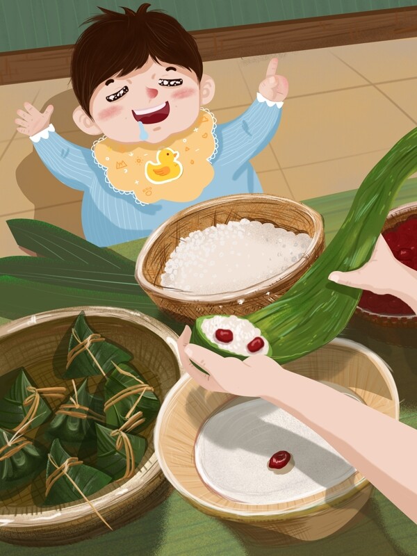 端午包粽子温馨传统节日卡通可爱小清新插画