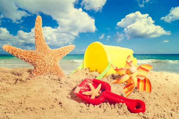 沙滩上的玩具和海星图片