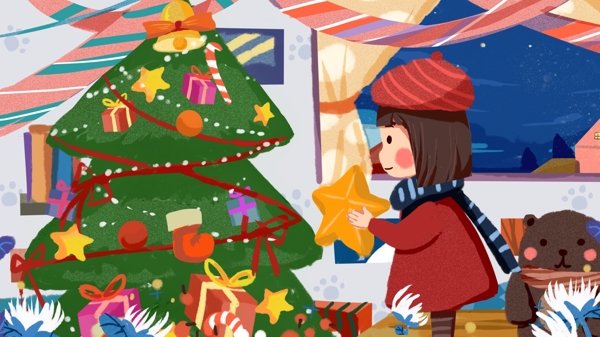 圣诞节小女孩在家装饰圣诞树温馨可爱插画
