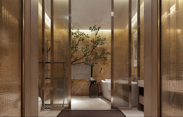 现代奢华浴室金色背景墙室内装修效果图