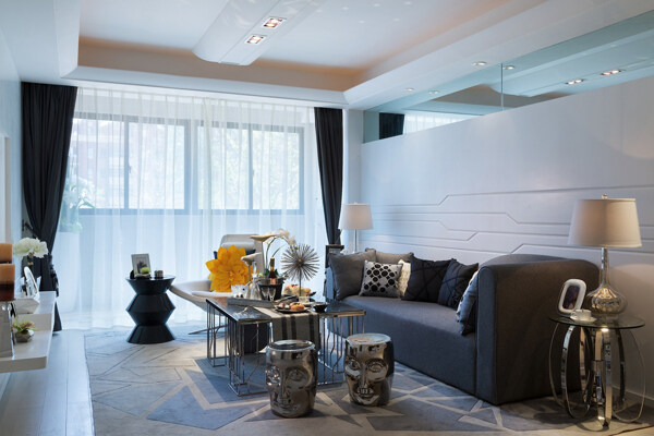 现代浪漫客厅深灰色沙发室内装修效果图