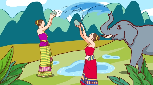 节日傣族少女大象泼水节