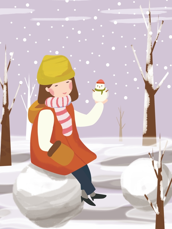 手绘坐在雪球上的女孩冬季背景素材