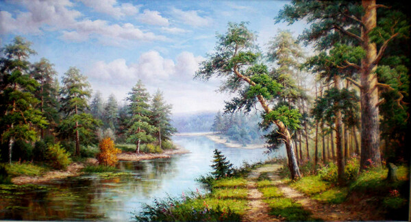 美丽树林河流风景油画图片