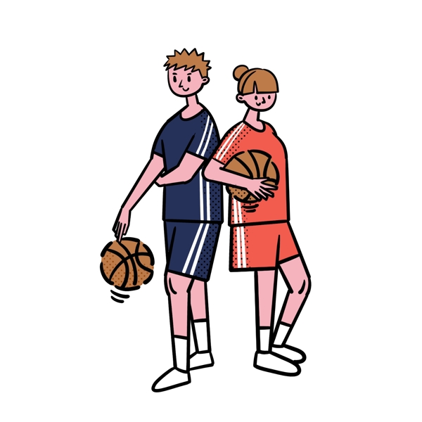 卡通矢量免抠扁平可爱拿着篮球的情侣