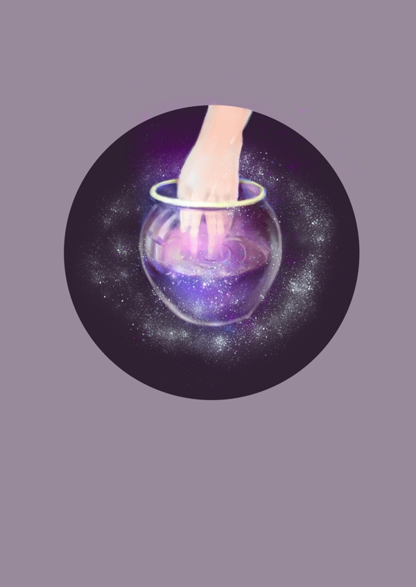 原创插画手触碰水瓶里中的星空