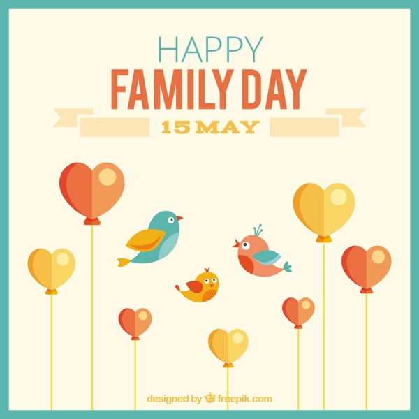 可爱的家庭日卡与鸟类和心脏形状的气球