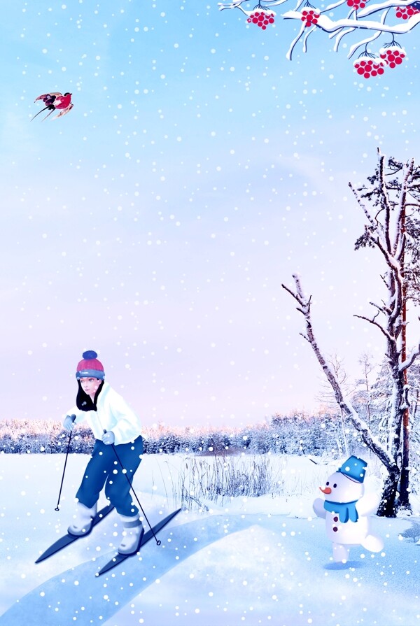 手绘卡通唯美冬天滑雪背景