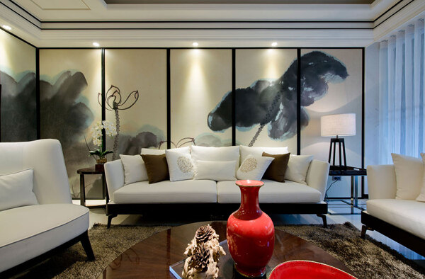 中式时尚室内客厅沙发背景墙效果图
