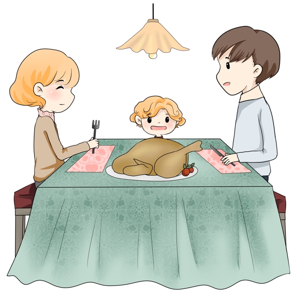 手绘感恩节一家人吃火鸡插画